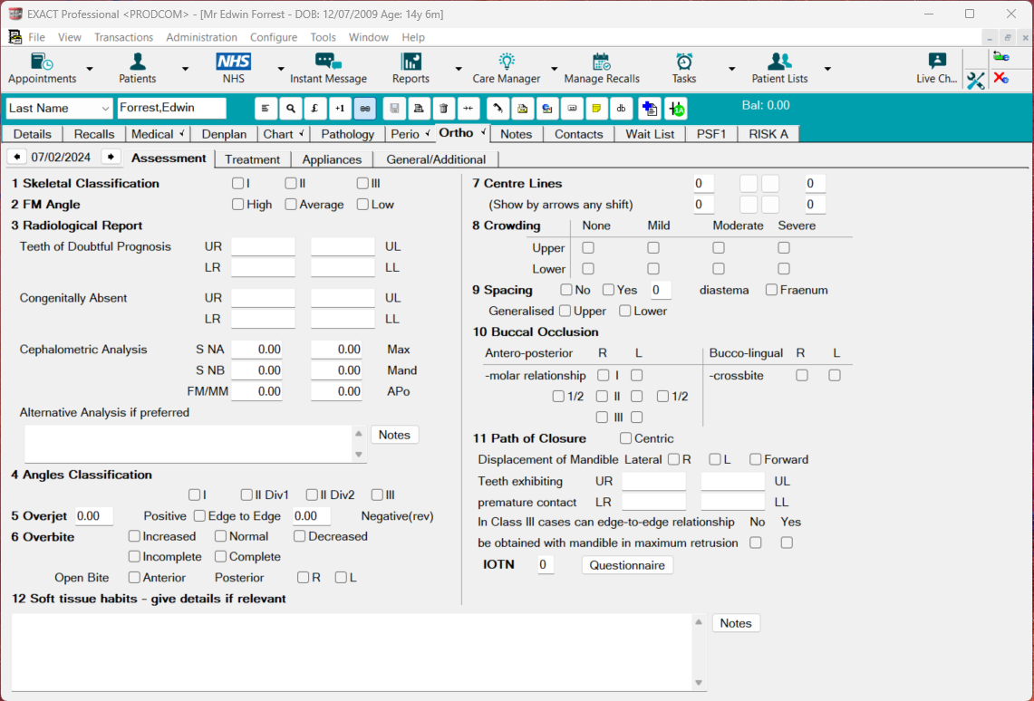 Image of the assessment tab within the Orthodontic tab in EXACT